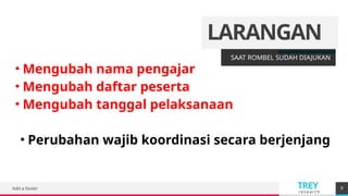 TREY
research
LARANGAN
SAAT ROMBEL SUDAH DIAJUKAN
• Mengubah nama pengajar
• Mengubah daftar peserta
• Mengubah tanggal pelaksanaan
• Perubahan wajib koordinasi secara berjenjang
Add a footer 9
 