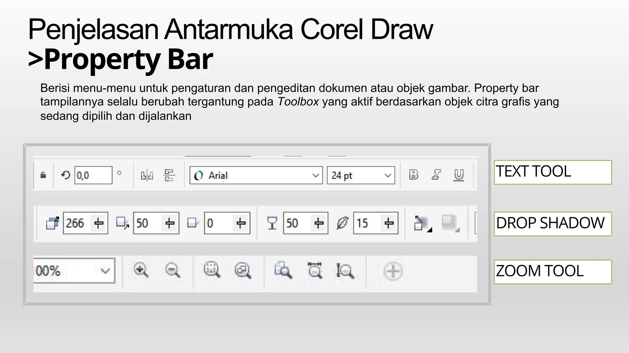 PenjelasanAntarmuka Corel Draw
>Property Bar
Berisi menu-menu untuk pengaturan dan pengeditan dokumen atau objek gambar. Property bar
tampilannya selalu berubah tergantung pada Toolbox yang aktif berdasarkan objek citra grafis yang
sedang dipilih dan dijalankan
TEXT TOOL
DROP SHADOW
ZOOM TOOL
 