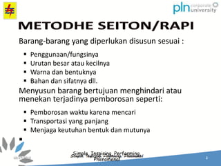 Simple, Inspiring, Performing,
Phenomenal
Barang-barang yang diperlukan disusun sesuai :
 Penggunaan/fungsinya
 Urutan besar atau kecilnya
 Warna dan bentuknya
 Bahan dan sifatnya dll.
Menyusun barang bertujuan menghindari atau
menekan terjadinya pemborosan seperti:
 Pemborosan waktu karena mencari
 Transportasi yang panjang
 Menjaga keutuhan bentuk dan mutunya

 