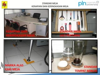 STANDAR MEJA
KERAPIAN DAN KERINGKASAN MEJA
STANDAR MEJA
LACI PERTAMA
KERAPIAN DAN
KERINGKASAN MEJA
STANDAR
TEMPAT MINUN
MARKA ALAS
KAKI MEJA
 