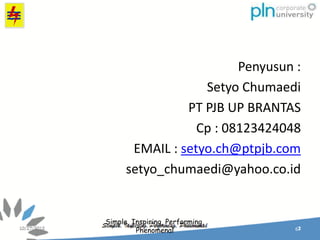 Simple, Inspiring, Performing,
Phenomenal
Penyusun :
Setyo Chumaedi
PT PJB UP BRANTAS
Cp : 08123424048
EMAIL : setyo.ch@ptpjb.com
setyo_chumaedi@yahoo.co.id
67
 