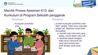 Menilik Proses Asesmen K13 dan
Kurikulum di Program Sekolah penggerak
Perubahan
Persamaan
Kumpulan portofolio
anak
Jumlah kumpulan portofolio anak
lebih sedikit: Tidak harus ada data
setiap hari Deskripsi narasi lebih
berkualitas:
a. memilih satu instrumen yang
paling cocok dalam satu hari
b. deskripsi dapat beragam,
tidak harus menyoroti hal
yang sama antara satu
anak dengan anak yang
lain
 