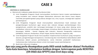 CASE 3
27
Apa saja yang perlu disampaikan pada DED untuk indikator diatas? Perhatikan
kata-kata kuncinya. Selanjutnya kaitkan dengan ketercapaian pada RENSTRA
(SN-Dikti dan SPTPT) dan level daya saing
 