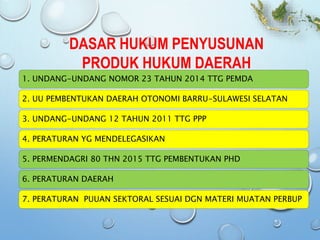 DASAR HUKUM PENYUSUNAN
PRODUK HUKUM DAERAH
1. UNDANG-UNDANG NOMOR 23 TAHUN 2014 TTG PEMDA
2. UU PEMBENTUKAN DAERAH OTONOMI BARRU-SULAWESI SELATAN
3. UNDANG-UNDANG 12 TAHUN 2011 TTG PPP
4. PERATURAN YG MENDELEGASIKAN
5. PERMENDAGRI 80 THN 2015 TTG PEMBENTUKAN PHD
6. PERATURAN DAERAH
7. PERATURAN PUUAN SEKTORAL SESUAI DGN MATERI MUATAN PERBUP
 