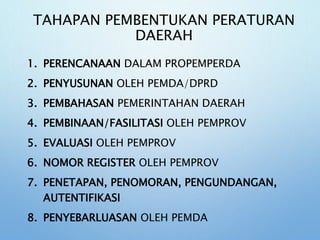 TAHAPAN PEMBENTUKAN PERATURAN
DAERAH
1. PERENCANAAN DALAM PROPEMPERDA
2. PENYUSUNAN OLEH PEMDA/DPRD
3. PEMBAHASAN PEMERINTAHAN DAERAH
4. PEMBINAAN/FASILITASI OLEH PEMPROV
5. EVALUASI OLEH PEMPROV
6. NOMOR REGISTER OLEH PEMPROV
7. PENETAPAN, PENOMORAN, PENGUNDANGAN,
AUTENTIFIKASI
8. PENYEBARLUASAN OLEH PEMDA
 