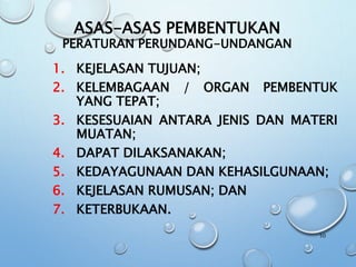 ASAS-ASAS PEMBENTUKAN
PERATURAN PERUNDANG-UNDANGAN
1. KEJELASAN TUJUAN;
2. KELEMBAGAAN / ORGAN PEMBENTUK
YANG TEPAT;
3. KESESUAIAN ANTARA JENIS DAN MATERI
MUATAN;
4. DAPAT DILAKSANAKAN;
5. KEDAYAGUNAAN DAN KEHASILGUNAAN;
6. KEJELASAN RUMUSAN; DAN
7. KETERBUKAAN.
50
 
