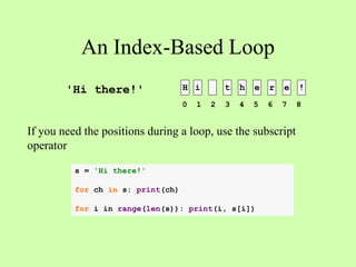 An Index-Based Loop
H i t h e r e !
If you need the positions during a loop, use the subscript
operator
'Hi there!'
0 1 2 3 4 5 6 7 8
s = 'Hi there!'
for ch in s: print(ch)
for i in range(len(s)): print(i, s[i])
 