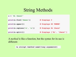String Methods
A method is like a function, but the syntax for its use is
different:
s = 'Hi there!'
print(s.find('there')) # Displays 3
print(s.upper()) # Displays HI THERE!
print(s.replace('e', 'a')) # Displays Hi thara!
print(s.split()) # Displays ['Hi', 'there!']
<a string>.<method name>(<any arguments>)
 