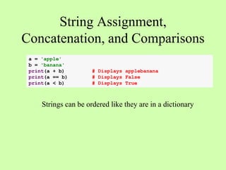 String Assignment,
Concatenation, and Comparisons
Strings can be ordered like they are in a dictionary
a = 'apple'
b = 'banana'
print(a + b) # Displays applebanana
print(a == b) # Displays False
print(a < b) # Displays True
 