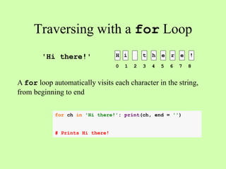 Traversing with a for Loop
H i t h e r e !
A for loop automatically visits each character in the string,
from beginning to end
'Hi there!'
0 1 2 3 4 5 6 7 8
for ch in 'Hi there!': print(ch, end = '')
# Prints Hi there!
 