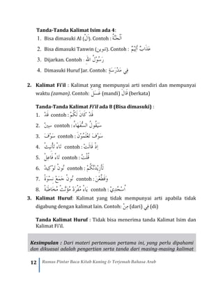 12 Rumus Pintar Baca Kitab Kuning & Terjemah Bahasa Arab
Tanda-Tanda Kalimat Isim ada 4:
1. Bisa dimasuki Al (ْ‫ل‬َ‫ا‬). Contoh : ُ‫ة‬َّ‫ن‬َ‫ج‬ْ‫ل‬َ‫ا‬
2. Bisa dimasuki Tanwin (‫تنوين‬). Contoh ٌ‫م‬ْ‫ي‬ِ‫ل‬َ‫أ‬ ٌ‫ب‬‫َا‬‫ذ‬َ‫ع‬:
3. Dijarkan. Contoh ‫ه‬‫لل‬‫ا‬ ُ‫ل‬ْ‫و‬ُ‫س‬َ‫ر‬:
4. Dimasuki Huruf Jar. Contoh ٍ‫ة‬َ‫س‬َ‫ر‬ْ‫د‬َ‫م‬ ‫ِي‬‫ف‬:
2. Kalimat Fi’il : Kalimat yang mempunyai arti sendiri dan mempunyai
waktu (zaman). Contoh: َ‫ل‬َ‫س‬َ‫غ‬ (mandi) َ‫ق‬‫ا‬َ‫ل‬ (berkata)
Tanda-Tanda Kalimat Fi’il ada 8 (Bisa dimasuki) :
1. ْ‫د‬َ‫ق‬ contoh : ْ‫م‬ُ‫ك‬َ‫ل‬ َ‫ن‬‫َا‬‫ك‬ ْ‫د‬َ‫ق‬
2. ْ‫ني‬ِ‫س‬ contoh : ُ‫ل‬‫ُو‬‫ق‬َ‫ي‬َ‫س‬‫َاء‬‫ه‬َ‫ف‬ُّ‫س‬‫ال‬
3. َ‫ف‬ْ‫و‬َ‫س‬ contoh : َ‫ن‬ْ‫و‬ُ‫م‬َ‫ل‬ْ‫ع‬َ‫ت‬ َ‫ف‬ْ‫و‬َ‫س‬
4. ْ‫ث‬‫ِي‬‫ن‬ْ‫أ‬َ‫ت‬ ْ‫ء‬‫َا‬‫ت‬ contoh : ْ‫ت‬َ‫ل‬‫َا‬‫ق‬ ْ‫ذ‬ِ‫ا‬
5. َ‫ت‬ْ‫ل‬ِ‫ع‬‫َا‬‫ف‬ ْ‫ء‬‫ا‬ contoh : ُ‫ت‬ْ‫ل‬ُ‫ق‬
6. ْ‫د‬‫ِي‬‫ك‬ْ‫و‬َ‫ت‬ ْ‫ن‬‫ُو‬‫ن‬ contoh : ْ‫م‬ُ‫ك‬َّ‫ن‬َ‫د‬ْ‫ي‬ِ‫ز‬َ‫أ‬َ‫ل‬
7. ْ‫ة‬َ‫و‬ْ‫س‬ِ‫ن‬ ْ‫ع‬َ‫م‬َ‫ج‬ ْ‫ن‬‫ُو‬‫ن‬ contoh : َ‫ن‬ْ‫ع‬َّ‫َط‬‫ق‬َ‫و‬
8. ْ‫ة‬َ‫ب‬َ‫ط‬‫َا‬‫خ‬ُ‫م‬ ْ‫ث‬َّ‫ن‬َ‫ؤ‬ُ‫م‬ ْ‫د‬َ‫ر‬ْ‫ف‬ُ‫م‬ ْ‫ء‬‫َا‬‫ي‬ contoh : ْ‫ي‬ِ‫د‬ُ‫ج‬ْ‫س‬ُ‫ا‬
3. Kalimat Huruf: Kalimat yang tidak mempunyai arti apabila tidak
digabung dengan kalimat lain. Contoh: ْ‫ن‬ِ‫م‬ (dari) ‫ِي‬‫ف‬ (di)
Tanda Kalimat Huruf : Tidak bisa menerima tanda Kalimat Isim dan
Kalimat Fi’il.
Kesimpulan : Dari materi pertemuan pertama ini, yang perlu dipahami
dan dikuasai adalah pengertian serta tanda dari masing-masing kalimat
 