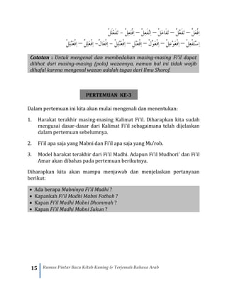 15 Rumus Pintar Baca Kitab Kuning & Terjemah Bahasa Arab
َّ‫َل‬‫ع‬ْ‫ف‬ِ‫ا‬–ْ‫ل‬َّ‫ع‬َ‫ف‬َ‫ت‬–ْ‫ل‬َ‫ع‬‫َا‬‫ف‬َ‫ت‬–ْ‫ل‬ِ‫ع‬َ‫ف‬ْ‫ن‬ِ‫ا‬–ْ‫ل‬ِ‫ع‬َ‫ت‬ْ‫ف‬ِ‫ا‬-ْ‫ل‬َ‫ل‬ْ‫ع‬َ‫ف‬َ‫ت‬
ْ‫ل‬ِ‫ع‬ْ‫ف‬َ‫ت‬ْ‫س‬ِ‫ا‬–ْ‫ل‬ِ‫ع‬ْ‫و‬َ‫ع‬ْ‫ف‬ِ‫ا‬–ْ‫ل‬ِّ‫و‬َ‫ع‬ْ‫ف‬ِ‫ا‬–ِ‫ل‬ْ‫ن‬َ‫ع‬ْ‫ف‬ِ‫ا‬–ْ‫ل‬ِ‫ل‬ْ‫ن‬َ‫ع‬ْ‫ف‬ِ‫ا‬-ِ‫ا‬َّ‫َال‬‫ع‬ْ‫ف‬-َّ‫ِل‬‫ل‬َ‫ع‬ْ‫ف‬ِ‫ا‬–ْ‫ل‬ِ‫ل‬ْ‫ن‬َ‫ع‬ْ‫ف‬ِ‫ا‬
Catatan : Untuk mengenal dan membedakan masing-masing Fi’il dapat
dilihat dari masing-masing (pola) wazannya, namun hal ini tidak wajib
dihafal karena mengenal wazan adalah tugas dari Ilmu Shorof.
PERTEMUAN KE-3
Dalam pertemuan ini kita akan mulai mengenali dan menentukan:
1. Harakat terakhir masing-masing Kalimat Fi’il. Diharapkan kita sudah
mengusai dasar-dasar dari Kalimat Fi’il sebagaimana telah dijelaskan
dalam pertemuan sebelumnya.
2. Fi’il apa saja yang Mabni dan Fi’il apa saja yang Mu’rob.
3. Model harakat terakhir dari Fi’il Madhi. Adapun Fi’il Mudhori’ dan Fi’il
Amar akan dibahas pada pertemuan berikutnya.
Diharapkan kita akan mampu menjawab dan menjelaskan pertanyaan
berikut:
• Ada berapa Mabninya Fi’il Madhi ?
• Kapankah Fi’il Madhi Mabni Fathah ?
• Kapan Fi’il Madhi Mabni Dhommah ?
• Kapan Fi’il Madhi Mabni Sukun ?
 