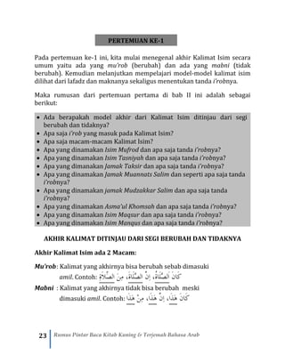 23 Rumus Pintar Baca Kitab Kuning & Terjemah Bahasa Arab
PERTEMUAN KE-1
Pada pertemuan ke-1 ini, kita mulai menegenal akhir Kalimat Isim secara
umum yaitu ada yang mu’rob (berubah) dan ada yang mabni (tidak
berubah). Kemudian melanjutkan mempelajari model-model kalimat isim
dilihat dari lafadz dan maknanya sekaligus menentukan tanda i’robnya.
Maka rumusan dari pertemuan pertama di bab II ini adalah sebagai
berikut:
• Ada berapakah model akhir dari Kalimat Isim ditinjau dari segi
berubah dan tidaknya?
• Apa saja i’rob yang masuk pada Kalimat Isim?
• Apa saja macam-macam Kalimat Isim?
• Apa yang dinamakan Isim Mufrod dan apa saja tanda i’robnya?
• Apa yang dinamakan Isim Tasniyah dan apa saja tanda i’robnya?
• Apa yang dimanakan Jamak Taksir dan apa saja tanda i’robnya?
• Apa yang dinamakan Jamak Muannats Salim dan seperti apa saja tanda
i’robnya?
• Apa yang dinamakan jamak Mudzakkar Salim dan apa saja tanda
i’robnya?
• Apa yang dinamakan Asma’ul Khomsah dan apa saja tanda i’robnya?
• Apa yang dinamakan Isim Maqsur dan apa saja tanda i’robnya?
• Apa yang dinamakan Isim Manqus dan apa saja tanda i’robnya?
AKHIR KALIMAT DITINJAU DARI SEGI BERUBAH DAN TIDAKNYA
Akhir Kalimat Isim ada 2 Macam:
Mu’rob: Kalimat yang akhirnya bisa berubah sebab dimasuki
amil. Contoh: ِ‫ة‬َ‫ال‬َِّ‫ص‬‫ال‬ َ‫ن‬ِ‫م‬ ،َ‫ة‬‫َا‬‫ل‬َّ‫ص‬‫ال‬ َّ‫ِن‬‫ا‬ ،ُ‫ة‬‫َا‬‫ل‬َّ‫ص‬‫َل‬‫ا‬ َ‫ن‬‫َا‬‫ك‬
Mabni : Kalimat yang akhirnya tidak bisa berubah meski
dimasuki amil. Contoh: ‫َا‬‫ذ‬َ‫ه‬ ْ‫ن‬ِ‫م‬ ،‫َا‬‫ذ‬َ‫ه‬ َّ‫ِن‬‫ا‬ ،‫َا‬‫ذ‬َ‫ه‬ َ‫ن‬‫ا‬َ‫ك‬
 
