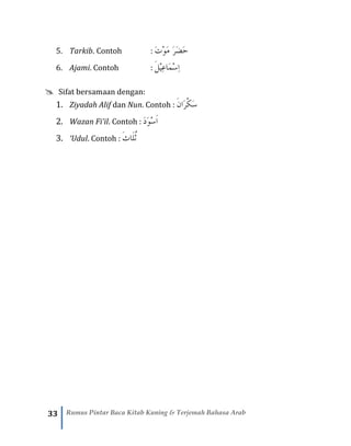 33 Rumus Pintar Baca Kitab Kuning & Terjemah Bahasa Arab
5. Tarkib. Contoh : َ‫ت‬ْ‫و‬َ‫م‬ َ‫ر‬َ‫ض‬َ‫ح‬
6. Ajami. Contoh : َ‫ل‬ْ‫ي‬ِ‫ع‬‫َا‬‫م‬ْ‫س‬ِ‫ا‬
 Sifat bersamaan dengan:
1. Ziyadah Alif dan Nun. Contoh : َ‫ن‬‫َا‬‫ر‬ْ‫ك‬َ‫س‬
2. Wazan Fi’il. Contoh : َ‫و‬ْ‫س‬َ‫ا‬َ‫د‬
3. ‘Udul. Contoh : ُ‫ث‬َ‫ل‬َ‫ث‬‫ا‬
 