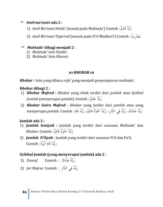 46 Rumus Pintar Baca Kitab Kuning & Terjemah Bahasa Arab
 Amil ma’nawi ada 2 :
1) Amil Ma’nawi Ibtida’ (masuk pada Mubtada’) Contoh : ٌ‫م‬ِ‫ئ‬‫َا‬‫ق‬ ٌ‫د‬ْ‫ي‬َ‫ز‬
2) Amil Ma’nawi Tajarrud (masuk pada Fi’il Mudhori’) Contoh : ُ‫ب‬ِ‫ر‬ْ‫ض‬َ‫ي‬
 Mubtada’ dibagi menjadi 2 :
1) Mubtada’ Isim Dzohir .
2) Mubtada’ Isim Dhomir.
 KHOBAR 
Khobar : Isim yang dibaca rofa’ yang menjadi penyempurna mubtada’.
Khobar dibagi 2 :
1) Khobar Mufrod : Khobar yang tidak terdiri dari jumlah atau Syibhul
Jumlah (menyerupai jumlah). Contoh : ٌ‫م‬ِ‫ل‬‫َا‬‫ع‬ ٌ‫د‬ْ‫ي‬َ‫ز‬
2) Khobar Gairu Mufrod : Khobar yang terdiri dari jumlah atau yang
menyerupai jumlah. Contoh : َ‫ز‬ٌ‫د‬ْ‫ي‬ْ‫ن‬ِ‫ع‬َ‫د‬َ‫ك‬،َ‫ز‬ٌ‫د‬ْ‫ي‬ِ‫ر‬‫َّا‬‫د‬‫ال‬ ‫ِي‬‫ف‬َ‫م‬‫َا‬‫ق‬ ٌ‫د‬ْ‫ي‬َ‫ز‬ ،ٌ‫م‬ِ‫ئ‬‫َا‬‫ق‬ ُ‫ه‬ْ‫و‬ُ‫خ‬َ‫ا‬ ٌ‫د‬ْ‫ي‬َ‫ز‬ ،
Jumlah ada 2 :
1) Jumlah Ismiyah : Jumlah yang terdiri dari susunan Mubtada’ dan
Khobar. Contoh : ٌ‫م‬ِ‫ئ‬‫َا‬‫ق‬ ُ‫ه‬ْ‫و‬ُ‫خ‬َ‫ا‬ ٌ‫د‬ْ‫ي‬َ‫ز‬
2) Jumlah Fi’liyah : Jumlah yang terdiri dari susunan Fi’il dan Fa’il.
Contoh : ُ‫ه‬ْ‫و‬ُ‫ب‬َ‫ا‬ َ‫م‬‫َا‬‫ق‬ ٌ‫د‬ْ‫ي‬َ‫ز‬
Syibhul Jumlah (yang menyerupai jumlah) ada 2 :
1) Dzorof Contoh : َ‫د‬ْ‫ن‬ِ‫ع‬َ‫ك‬ ْ‫ي‬َ‫ز‬ٌ‫د‬
2) Jar Majrur Contoh : ِ‫ر‬‫َّا‬‫د‬‫ال‬ ‫ِي‬‫ف‬ ْ‫ي‬َ‫ز‬ٌ‫د‬
 
