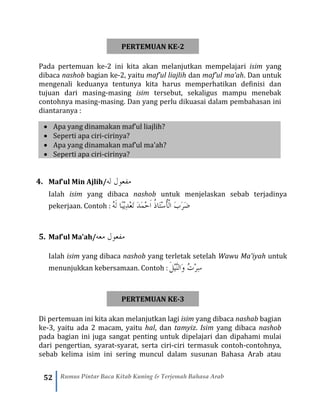 52 Rumus Pintar Baca Kitab Kuning & Terjemah Bahasa Arab
PERTEMUAN KE-2
Pada pertemuan ke-2 ini kita akan melanjutkan mempelajari isim yang
dibaca nashob bagian ke-2, yaitu maf’ul liajlih dan maf’ul ma’ah. Dan untuk
mengenali keduanya tentunya kita harus memperhatikan definisi dan
tujuan dari masing-masing isim tersebut, sekaligus mampu menebak
contohnya masing-masing. Dan yang perlu dikuasai dalam pembahasan ini
diantaranya :
• Apa yang dinamakan maf’ul liajlih?
• Seperti apa ciri-cirinya?
• Apa yang dinamakan maf’ul ma’ah?
• Seperti apa ciri-cirinya?
4. Maf’ul Min Ajlih/ْ‫ه‬‫مفعولْل‬
Ialah isim yang dibaca nashob untuk menjelaskan sebab terjadinya
pekerjaan. Contoh : ُ‫ه‬َ‫ل‬ ‫ًا‬‫ب‬ْ‫ي‬ِ‫د‬ْ‫ع‬َ‫ت‬ َ‫د‬َ‫م‬ْ‫ح‬َ‫ا‬ ُ‫ذ‬‫َا‬‫ت‬ْ‫س‬ُ‫أ‬ْ‫ل‬‫ا‬ َ‫ب‬َ‫ر‬َ‫ض‬
5. Maf’ul Ma’ah/ْ‫ه‬‫مفعولْمع‬
Ialah isim yang dibaca nashob yang terletak setelah Wawu Ma’iyah untuk
menunjukkan kebersamaan. Contoh : َ‫ل‬ْ‫ي‬َّ‫ن‬‫َال‬‫و‬ ُ‫ت‬ْ‫ر‬ِ‫س‬
PERTEMUAN KE-3
Di pertemuan ini kita akan melanjutkan lagi isim yang dibaca nashab bagian
ke-3, yaitu ada 2 macam, yaitu hal, dan tamyiz. Isim yang dibaca nashob
pada bagian ini juga sangat penting untuk dipelajari dan dipahami mulai
dari pengertian, syarat-syarat, serta ciri-ciri termasuk contoh-contohnya,
sebab kelima isim ini sering muncul dalam susunan Bahasa Arab atau
 