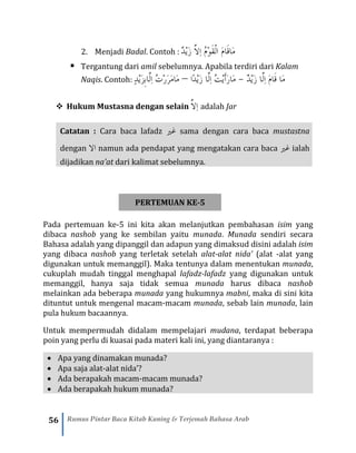 56 Rumus Pintar Baca Kitab Kuning & Terjemah Bahasa Arab
2. Menjadi Badal. Contoh : َّ‫ِال‬‫ا‬ ُ‫م‬ْ‫و‬َ‫ق‬ْ‫ل‬‫ا‬ َ‫م‬‫َا‬‫ق‬‫َا‬‫م‬ْ‫د‬‫َي‬‫ز‬
▪ Tergantung dari amil sebelumnya. Apabila terdiri dari Kalam
Naqis. Contoh: َ‫م‬َ‫ق‬ ‫ا‬َ‫م‬‫ا‬ِ‫ا‬َّ‫ل‬‫ا‬َ‫ز‬ْ‫ي‬ٌ‫د‬-َ‫م‬َ‫ر‬‫ا‬َ‫أ‬ْ‫ي‬ُ‫ت‬ِ‫ا‬َّ‫ل‬َ‫ز‬ ‫ا‬ْ‫ي‬ً‫د‬‫ا‬–َ‫م‬َ‫م‬‫ا‬َ‫ر‬ْ‫ر‬ُ‫ت‬ِ‫ا‬َّ‫ل‬ِ‫ب‬‫ا‬َ‫ز‬ْ‫ي‬ٍ‫د‬
❖ Hukum Mustasna dengan selain َّ‫ِال‬‫ا‬ adalah Jar
Catatan : Cara baca lafadz ‫غري‬ sama dengan cara baca mustastna
dengan ‫اال‬ namun ada pendapat yang mengatakan cara baca ‫غري‬ ialah
dijadikan na’at dari kalimat sebelumnya.
PERTEMUAN KE-5
Pada pertemuan ke-5 ini kita akan melanjutkan pembahasan isim yang
dibaca nashob yang ke sembilan yaitu munada. Munada sendiri secara
Bahasa adalah yang dipanggil dan adapun yang dimaksud disini adalah isim
yang dibaca nashob yang terletak setelah alat-alat nida’ (alat -alat yang
digunakan untuk memanggil). Maka tentunya dalam menentukan munada,
cukuplah mudah tinggal menghapal lafadz-lafadz yang digunakan untuk
memanggil, hanya saja tidak semua munada harus dibaca nashob
melainkan ada beberapa munada yang hukumnya mabni, maka di sini kita
dituntut untuk mengenal macam-macam munada, sebab lain munada, lain
pula hukum bacaannya.
Untuk mempermudah didalam mempelajari mudana, terdapat beberapa
poin yang perlu di kuasai pada materi kali ini, yang diantaranya :
• Apa yang dinamakan munada?
• Apa saja alat-alat nida’?
• Ada berapakah macam-macam munada?
• Ada berapakah hukum munada?
 