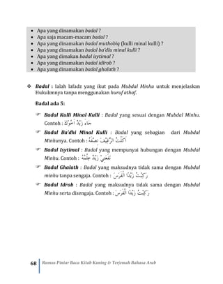 68 Rumus Pintar Baca Kitab Kuning & Terjemah Bahasa Arab
• Apa yang dinamakan badal ?
• Apa saja macam-macam badal ?
• Apa yang dinamakan badal muthobiq (kulli minal kulli) ?
• Apa yang dinamakan badal ba’dlu minal kulli ?
• Apa yang dimakan badal isytimal ?
• Apa yang dinamakan badal idlrob ?
• Apa yang dinamakan badal ghalath ?
❖ Badal : Ialah lafadz yang ikut pada Mubdal Minhu untuk menjelaskan
Hukukmnya tanpa menggunakan huruf athaf.
Badal ada 5:
 Badal Kulli Minal Kulli : Badal yang sesuai dengan Mubdal Minhu.
Contoh : َ‫ك‬ْ‫و‬ُ‫خ‬َ‫ا‬ ٌ‫د‬ْ‫ي‬َ‫ز‬ َ‫ء‬‫َا‬‫ج‬
 Badal Ba’dhi Minal Kulli : Badal yang sebagian dari Mubdal
Minhunya. Contoh : ُ‫ه‬َ‫ف‬ْ‫ص‬ِ‫ن‬ َ‫ف‬ْ‫ي‬ِ‫غ‬َّ‫ر‬‫ال‬ ُ‫ت‬ْ‫ل‬َ‫ك‬َ‫ا‬
 Badal Isytimal : Badal yang mempunyai hubungan dengan Mubdal
Minhu. Contoh : ُ‫ه‬ُ‫م‬ْ‫ل‬ِ‫ع‬ ٌ‫د‬ْ‫ي‬َ‫ز‬ ْ‫ي‬ِ‫ن‬َ‫ع‬َ‫ف‬َ‫ن‬
 Badal Ghalath : Badal yang maksudnya tidak sama dengan Mubdal
minhu tanpa sengaja. Contoh : َ‫س‬َ‫ر‬َ‫ف‬ْ‫ل‬‫ا‬ ‫ًا‬‫د‬ْ‫ي‬َ‫ز‬ ُ‫ت‬ْ‫ب‬ِ‫ك‬َ‫ر‬
 Badal Idrob : Badal yang maksudnya tidak sama dengan Mubdal
Minhu serta disengaja. Contoh : َ‫س‬َ‫ر‬َ‫ف‬ْ‫ل‬‫ا‬ ‫ًا‬‫د‬ْ‫ي‬َ‫ز‬ ُ‫ت‬ْ‫ب‬ِ‫ك‬َ‫ر‬
 