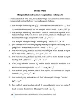 71 Rumus Pintar Baca Kitab Kuning & Terjemah Bahasa Arab
RUMUS PASTI
Mengenal kalimat-kalimat yang i’robnya sudah pasti
Setelah enam bab kita lalui, maka berikutnya akan diperkenalkan rumus-
rumus untuk kalimat-kalimat yang sudah pasti i’robnya.
1. Isim ma’rifat sebab alif lam (‫ال‬) : ketika terletak setelah lafadz ‫ايها‬ atau
‫ايتها‬ maka hukumnya rofa’ dii’rob menjadi na’at. Contoh : ‫اجتهد‬ ‫الطالب‬ ‫ايها‬
2. Isim ma’rifat sebab alif lam : ketika terletak setelah isim isyaroh, maka
kedudukannya ikut pada mahal isim isyaroh, menjadi athof bayan atau
badal ketika berupa isim jamid. Contoh : ‫الرجل‬ ‫هذا‬ ‫جاء‬
Dan menjadi na’at jika berupa isim musytaq. Contoh : ‫العامل‬ ‫هذا‬ ‫جاء‬
3. Jika terdapat dua isim ma’rifat yang menunjukan pada satu orang, maka
yang kedua dii’rob menjadi badal. Contoh : ‫حممد‬ ‫سيدنا‬ ‫على‬
4. Isim maushul yang terletak setelah isim ma’rifat, maka dii’rob menjadi
na’at atau badal. Contoh : ‫ابوه‬ ‫مات‬ ‫الذي‬ ‫الطالب‬ ‫جاء‬
5. Isim maushul yang terletak setelah isim nakiroh, maka dii’rob menjadi
mudhof ilaih. Contoh : ‫سقط‬ ‫الذي‬ ‫كتاب‬ ‫اخذت‬
6. Isim yang terletak setelah ‫لوال‬ maka dii’rob menjadi mubtada’ dan
khobarnya dibuang. Contoh : ‫ماتق‬ ‫العلم‬ ‫لوال‬‫د‬‫البشرية‬ ‫مت‬
7. Isim nakiroh yang terletak setelah isim tafdhil, dii’rob menjadi tamyiz.
Contoh : ‫املال‬ ‫من‬ ‫نفعا‬ ‫اكثر‬ ‫العلم‬
8. Isim nakiroh yang terletak setelah ‫ال‬ dii’rob menjadi isimnya. Contoh :
‫والقوة‬ ‫الحول‬
9. Isim nakiroh yang terletak setelah ‫ال‬ yang didahului huruf jar, maka ‫ال‬
tidak beramal dan isimnya dibaca jar. Contoh : ‫َك‬‫ش‬ ‫َا‬‫ل‬ِ‫ب‬
 