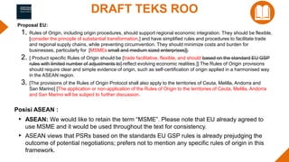 DRAFT TEKS ROO
Proposal EU:
1. Rules of Origin, including origin procedures, should support regional economic integration....