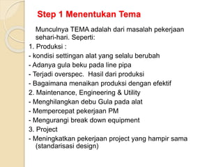 Step 1 Menentukan Tema
Munculnya TEMA adalah dari masalah pekerjaan
sehari-hari. Seperti:
1. Produksi :
- kondisi settingan alat yang selalu berubah
- Adanya gula beku pada line pipa
- Terjadi overspec. Hasil dari produksi
- Bagaimana menaikan produksi dengan efektif
2. Maintenance, Engineering & Utility
- Menghilangkan debu Gula pada alat
- Mempercepat pekerjaan PM
- Mengurangi break down equipment
3. Project
- Meningkatkan pekerjaan project yang hampir sama
(standarisasi design)
 