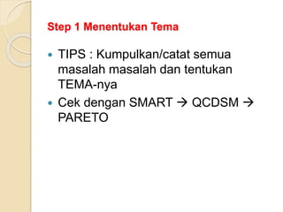 Step 1 Menentukan Tema
 TIPS : Kumpulkan/catat semua
masalah masalah dan tentukan
TEMA-nya
 Cek dengan SMART  QCDSM 
PARETO
 