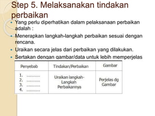 Step 5. Melaksanakan tindakan
perbaikan
 Yang perlu diperhatikan dalam pelaksanaan perbaikan
adalah :
 Menerapkan langkah-langkah perbaikan sesuai dengan
rencana.
 Uraikan secara jelas dari perbaikan yang dilakukan.
 Sertakan dengan gambar/data untuk lebih memperjelas
dari perbaikan yang dilakukan.
 