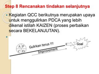 Step 8 Rencanakan tindakan selanjutnya
 Kegiatan QCC berikutnya merupakan upaya
untuk menggulirkan PDCA yang lebih
dikenal istilah KAIZEN (proses perbaikan
secara BEKELANJUTAN).

 