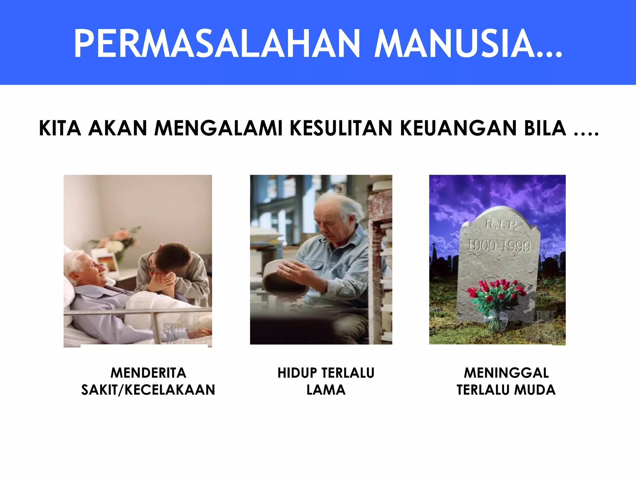 PERMASALAHAN MANUSIA…

KITA AKAN MENGALAMI KESULITAN KEUANGAN BILA ….




       MENDERITA      HIDUP TERLALU    MENINGGAL
   SAKIT/KECELAKAAN       LAMA        TERLALU MUDA
 