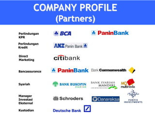 COMPANY PROFILE
                (Partners)
Perlindungan
KPR

Perlindungan
Kredit

Direct
Marketing


Bancassurance



Syariah


Manager
Investasi
Eksternal

Kustodian
 