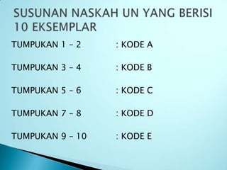 TUMPUKAN 1 – 2    : KODE A

TUMPUKAN 3 – 4    : KODE B

TUMPUKAN 5 – 6    : KODE C

TUMPUKAN 7 – 8    : KODE D

TUMPUKAN 9 – 10   : KODE E
 