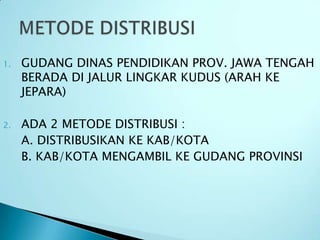1.   GUDANG DINAS PENDIDIKAN PROV. JAWA TENGAH
     BERADA DI JALUR LINGKAR KUDUS (ARAH KE
     JEPARA)

2.   ADA 2 METODE DISTRIBUSI :
     A. DISTRIBUSIKAN KE KAB/KOTA
     B. KAB/KOTA MENGAMBIL KE GUDANG PROVINSI
 