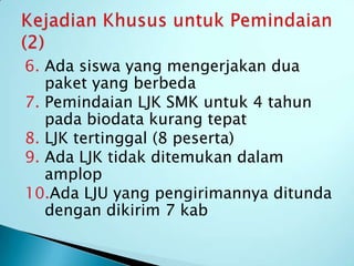 6. Ada siswa yang mengerjakan dua
   paket yang berbeda
7. Pemindaian LJK SMK untuk 4 tahun
   pada biodata kurang tepat
8. LJK tertinggal (8 peserta)
9. Ada LJK tidak ditemukan dalam
   amplop
10.Ada LJU yang pengirimannya ditunda
   dengan dikirim 7 kab
 