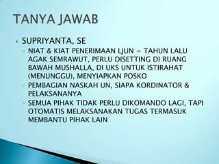    SUPRIYANTA, SE
    ◦ NIAT & KIAT PENERIMAAN LJUN = TAHUN LALU
      AGAK SEMRAWUT, PERLU DISETTING DI RUANG
      BAWAH MUSHALLA, DI UKS UNTUK ISTIRAHAT
      (MENUNGGU), MENYIAPKAN POSKO
    ◦ PEMBAGIAN NASKAH UN, SIAPA KORDINATOR &
      PELAKSANANYA
    ◦ SEMUA PIHAK TIDAK PERLU DIKOMANDO LAGI, TAPI
      OTOMATIS MELAKSANAKAN TUGAS TERMASUK
      MEMBANTU PIHAK LAIN
 