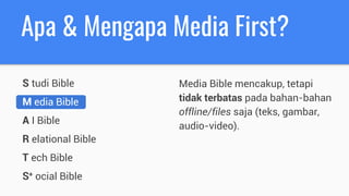 Apa & Mengapa Media First?
S tudi Bible
M edia Bible
A I Bible
R elational Bible
T ech Bible
S+ ocial Bible
Media Bible mencakup, tetapi
tidak terbatas pada bahan-bahan
offline/files saja (teks, gambar,
audio-video).
 