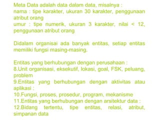 Meta Data adalah data dalam data, misalnya : nama : tipe karakter, ukuran 30 karakter, penggunaan atribut orang umur : tipe numerik, ukuran 3 karakter, nilai < 12, penggunaan atribut orang Didalam organisai ada banyak entitas, setiap entitas memiliki fungsi masing-masing. Entitas yang berhubungan dengan perusahaan : Unit organisasi, eksekutif, lokasi, goal, FSK, peluang, problem Entitas yang berhubungan dengan aktivitas atau aplikasi : Fungsi, proses, prosedur, program, mekanisme Entitas yang berhubungan dengan arsitektur data : Bidang tertentu, tipe entitas, relasi, atribut, simpanan data 