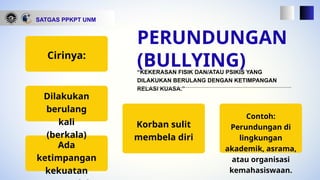 “KEKERASAN FISIK DAN/ATAU PSIKIS YANG
DILAKUKAN BERULANG DENGAN KETIMPANGAN
RELASI KUASA.”
PERUNDUNGAN
(BULLYING)
SATGAS PPKPT UNM
Cirinya:
Dilakukan
berulang
kali
(berkala)
Ada
ketimpangan
kekuatan
Korban sulit
membela diri
Contoh:
Perundungan di
lingkungan
akademik, asrama,
atau organisasi
kemahasiswaan.
 