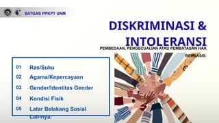 SATGAS PPKPT UNM
PEMBEDAAN, PENGECUALIAN ATAU PEMBATASAN HAK
BERBASIS:
Ras/Suku
01
Agama/Kepercayaan
02
Gender/Identitas Gender
03
Kondisi Fisik
04
Latar Belakang Sosial
Lainnya.
05
DISKRIMINASI &
INTOLERANSI
 