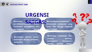 SATGAS PPKPT UNM
URGENSI
SATGAS:
Memantau lingkungan
pendidikan/kampus untuk
melakukan pencegahan dan
penanganan kasus
kekerasan.
Menyediakan/menjalankan
mekanisme pelaporan yang
aman dan berupa berpihak
pada korban.
Menangani laporan kasus
kekerasan dengan prosedur
yang jelas.
Melakukan sosialisasi dan
edukasi tentang
pencegahan kekerasan
kepada seluruh warga
kampus (mitigasi)
 
