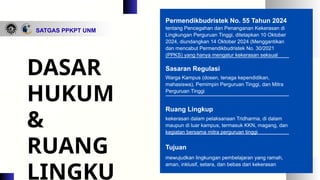DASAR
HUKUM
&
RUANG
LINGKU
SATGAS PPKPT UNM
Sasaran Regulasi
Permendikbudristek No. 55 Tahun 2024
Warga Kampus (dosen, tenaga kependidikan,
mahasiswa), Pemimpin Perguruan Tinggi, dan Mitra
Perguruan Tinggi
tentang Pencegahan dan Penanganan Kekerasan di
Lingkungan Perguruan Tinggi, ditetapkan 10 Oktober
2024, diundangkan 14 Oktober 2024 (Menggantikan
dan mencabut Permendikbudristek No. 30/2021
(PPKS) yang hanya mengatur kekerasan seksual
kekerasan dalam pelaksanaan Tridharma, di dalam
maupun di luar kampus, termasuk KKN, magang, dan
kegiatan bersama mitra perguruan tinggi
Ruang Lingkup
Tujuan
mewujudkan lingkungan pembelajaran yang ramah,
aman, inklusif, setara, dan bebas dari kekerasan
 