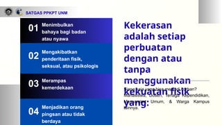 Kekerasan
adalah setiap
perbuatan
dengan atau
tanpa
menggunakan
kekuatan fisik
yang:
Siapa saja yang bisa menjadi korban?
Mahasiswa, Dosen, Tenaga Kependidikan,
Masyarakat Umum, & Warga Kampus
lainnya.
Menimbulkan
bahaya bagi badan
atau nyawa
01
02
03
04
Mengakibatkan
penderitaan fisik,
seksual, atau psikologis
Merampas
kemerdekaan
Menjadikan orang
pingsan atau tidak
berdaya
SATGAS PPKPT UNM
 