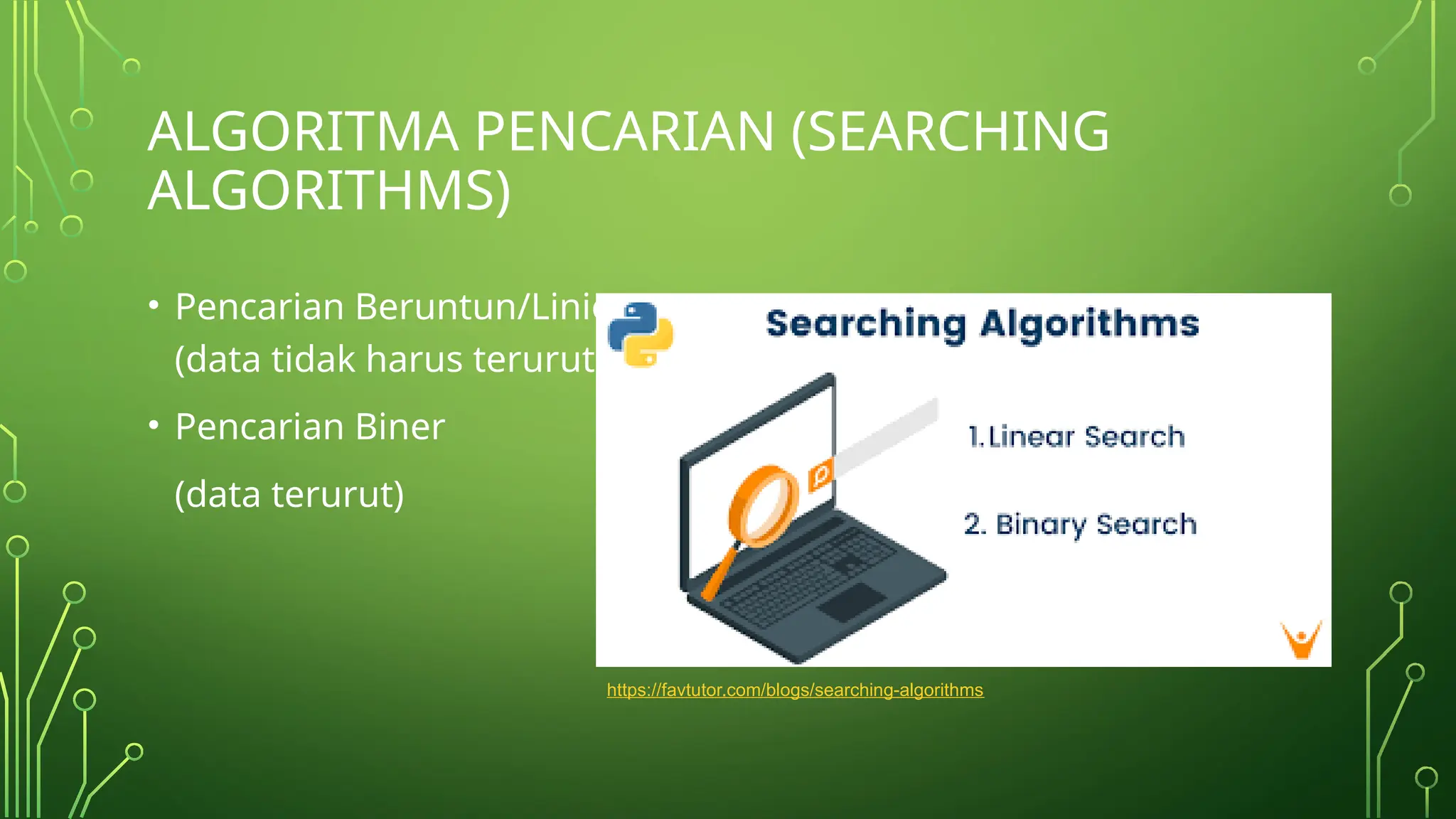 ALGORITMA PENCARIAN (SEARCHING
ALGORITHMS)
• Pencarian Beruntun/Linier
(data tidak harus terurut)
• Pencarian Biner
(data terurut)
https://favtutor.com/blogs/searching-algorithms
 