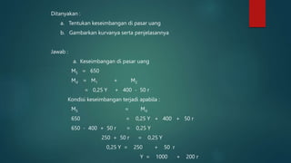 Ditanyakan :
a. Tentukan keseimbangan di pasar uang
b. Gambarkan kurvanya serta penjelasannya
Jawab :
a. Keseimbangan di pasar uang
MS = 650
Md = M1 + M2
= 0,25 Y + 400 - 50 r
Kondisi keseimbangan terjadi apabila :
MS = Md
650 = 0,25 Y + 400 + 50 r
650 - 400 + 50 r = 0,25 Y
250 + 50 r = 0,25 Y
0,25 Y = 250 + 50 r
Y = 1000 + 200 r
 