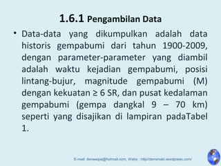 1.6.1 Pengambilan Data
• Data-data yang dikumpulkan adalah data
historis gempabumi dari tahun 1900-2009,
dengan parameter-parameter yang diambil
adalah waktu kejadian gempabumi, posisi
lintang-bujur, magnitude gempabumi (M)
dengan kekuatan ≥ 6 SR, dan pusat kedalaman
gempabumi (gempa dangkal 9 – 70 km)
seperti yang disajikan di lampiran padaTabel
1.
E-mail: denawipa@hotmail.com, Webs : http//demimaki.wordpress.com/
 