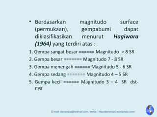 • Berdasarkan magnitudo surface
(permukaan), gempabumi dapat
diklasifikasikan menurut Hagiwara
(1964) yang terdiri atas :
1. Gempa sangat besar ====== Magnitudo > 8 SR
2. Gempa besar ======= Magnitudo 7 - 8 SR
3. Gempa menengah ====== Magnitudo 5 - 6 SR
4. Gempa sedang ======= Magnitudo 4 – 5 SR
5. Gempa kecil ====== Magnitudo 3 – 4 SR dst-
nya
E-mail: denawipa@hotmail.com, Webs : http//demimaki.wordpress.com/
 