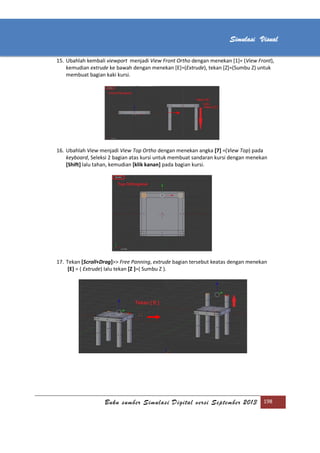 [Type text]
Buku sumber Simulasi Digital versi September 2013 198
Simulasi Visual
15. Ubahlah kembali viewport menjadi View Front Ortho dengan menekan [1]= (View Front),
kemudian extrude ke bawah dengan menekan [E]=(Extrude), tekan [Z]=(Sumbu Z) untuk
membuat bagian kaki kursi.
16. Ubahlah View menjadi View Top Ortho dengan menekan angka [7] =(View Top) pada
keyboard, Seleksi 2 bagian atas kursi untuk membuat sandaran kursi dengan menekan
[Shift] lalu tahan, kemudian [klik kanan] pada bagian kursi.
17. Tekan [Scroll+Drag]>> Free Panning, extrude bagian tersebut keatas dengan menekan
[E] = ( Extrude) lalu tekan [Z ]=( Sumbu Z ).
 