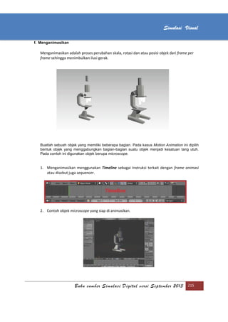 [Type text]
Buku sumber Simulasi Digital versi September 2013 215
Simulasi Visual
f. Menganimasikan
Menganimasikan adalah proses perubahan skala, rotasi dan atau posisi objek dari frame per
frame sehingga menimbulkan ilusi gerak.
Buatlah sebuah objek yang memiliki beberapa bagian. Pada kasus Motion Animation ini dipilih
bentuk objek yang menggabungkan bagian-bagian suatu objek menjadi kesatuan tang utuh.
Pada contoh ini digunakan objek berupa microscope.
1. Menganimasikan menggunakan Timeline sebagai Instruksi terkait dengan frame animasi
atau disebut juga sequencer.
2. Contoh objek microscope yang siap di animasikan.
 