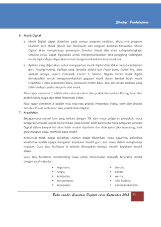 Buku sumber Simulasi Digital versi September 2013 23
Strategi Pembelajaran
6. Musik Digital
a. Musik Digital dapat diajarkan pada semua program keahlian, khususnya program
keahlian Seni Musik (Klasik dan Nonklasik) dan program keahlian Karawitan. Musik
Digital akan memperkaya penerapan Simulasi Visual dan akan salingmelengkapi:
simulasi visual dapat digunakan untuk mengomunikasikan tata panggung sedangkan
musik digital dapat digunakan untuk mengomunikasikan karya musiknya.
b. Aplikasi yang digunakan untuk mengajarkan musik digital diserahkan kepada kebijakan
guru masing-masing. Aplikasi yang tersedia antara lain Fruity Loop, Guitar Pro, atau
aplikasi lainnya, seperti Cakewalk, Encore 5, Sibelius. Bagian materi musik digital
dimaksudkan untuk mengomunikasikan gagasan musik dalam bentuk buah musik
(repertoar), atau aransemen baru, pencarian timbre baru, atau perluasan ambitus yang
tidak terdapat pada satu jenis alat musik.
Nilai rapor semester 1 adalah nilai rata-rata teori dan praktik Komunikasi Daring, teori dan
praktik Kelas Maya, dan teori Presentasi Video.
Nilai rapor semester 2 adalah nilai rata-rata praktik Presentasi Video, teori dan praktik
Simulasi Visual, serta teori dan praktik Buku Digital.
7. Kreativitas
Sebagaimana materi lain yang terkait dengan TIK dan mata pelajaran produktif, mata
pelajaran Simulasi Digital memerlukan sikap kreatif. Oleh karena itu mata pelajaran Simulasi
Digital dalam banyak hal akan lebih mudah dipahami dan diterapkan jika seseorang, baik
guru maupun siswa, memiliki daya kreatif.
Kreativitas tidak dapat diajarkan, namun dapat dilatihkan. Pada dasarnya, pelatihan
kreativitas adalah upaya mengasah kepekaan kreatif guru dan siswa dalam menghadapi
masalah. Guru atau fasilitator di sekolah diharapkan mampu melatih kepekaan kreatif
siswa.
Guru atau fasilitator membimbing siswa untuk menemukan masalah, terutama terkait
dengan salah satu dari:
 kegunaan,
 fungsi,
 ketepatan,
 kenyamanan,
 kecepatan,
 bentuk,
 bahan,
 warna,
 nilai budaya,
 dan nilai ekonomi
 