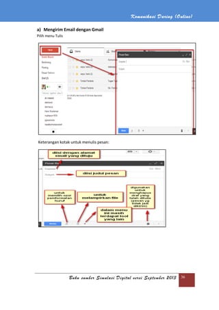 Buku sumber Simulasi Digital versi September 2013
a) Mengirim Email dengan Gmail
Pilih menu Tulis
Keterangan kotak untuk menulis
Komunikasi Daring (
Buku sumber Simulasi Digital versi September 2013
dengan Gmail
Keterangan kotak untuk menulis pesan:
Daring (Online)
Buku sumber Simulasi Digital versi September 2013 36
 
