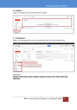 Buku sumber Simulasi Digital versi September 2013
e) Lingkaran
Adapun menu lingkaran berisi grup yang dimiliki di
f) Selengkapnya
Adapun menu Selengkapnya berisi menu yang ada pada kotak hitam, yaitu sebagai berikut:
Keterangan:
Obrolan, Semua Pesan, Spam,
Label Baru.
Komunikasi Daring (
Buku sumber Simulasi Digital versi September 2013
Adapun menu lingkaran berisi grup yang dimiliki di google+
Adapun menu Selengkapnya berisi menu yang ada pada kotak hitam, yaitu sebagai berikut:
Obrolan, Semua Pesan, Spam, Sampah, Kategori, Kerjaan, Resi, Kelola Label, Buat
Daring (Online)
Buku sumber Simulasi Digital versi September 2013 40
Adapun menu Selengkapnya berisi menu yang ada pada kotak hitam, yaitu sebagai berikut:
Sampah, Kategori, Kerjaan, Resi, Kelola Label, Buat
 